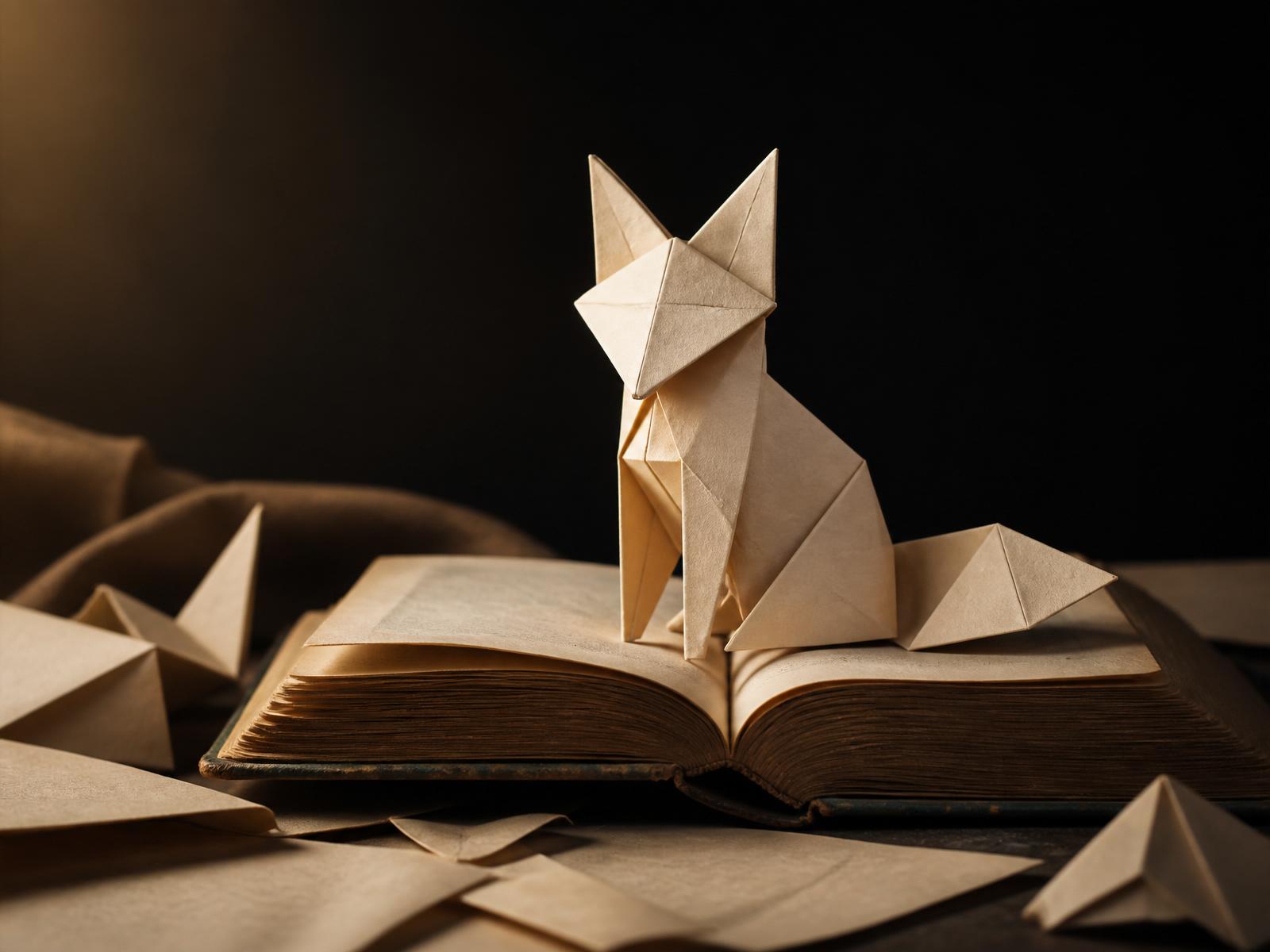 Un renard en origami posé sur un livre ouvert, dans une lumière chaude et tamisée.
